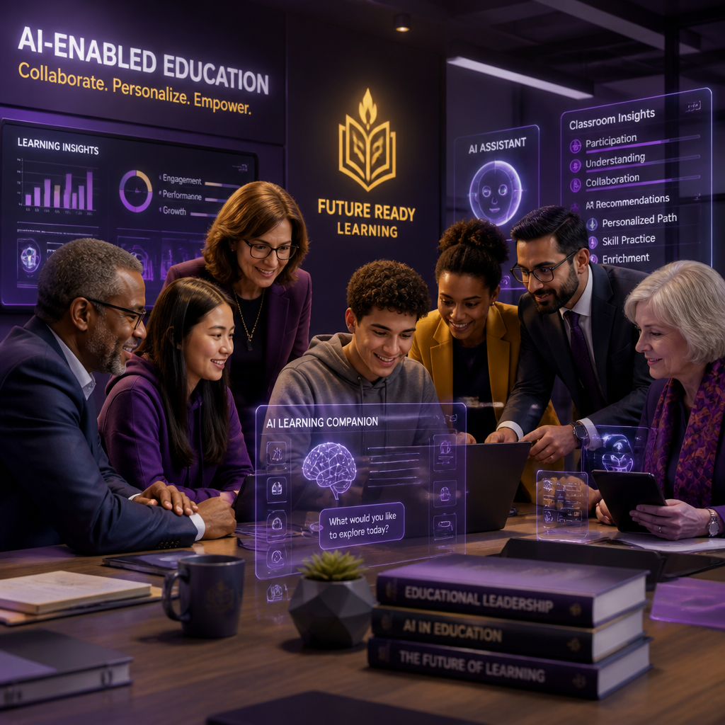 Diverse principals, teachers, university faculty, and students collaborating in an AI-enabled learning environment